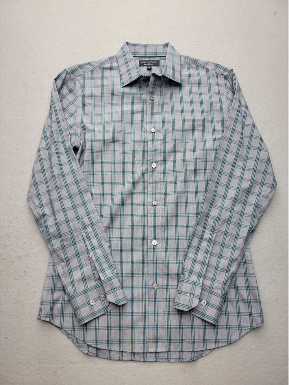 Banana Republic Men Button-Up Small Green Slim Plaid 100% Cotton Long Sleeve